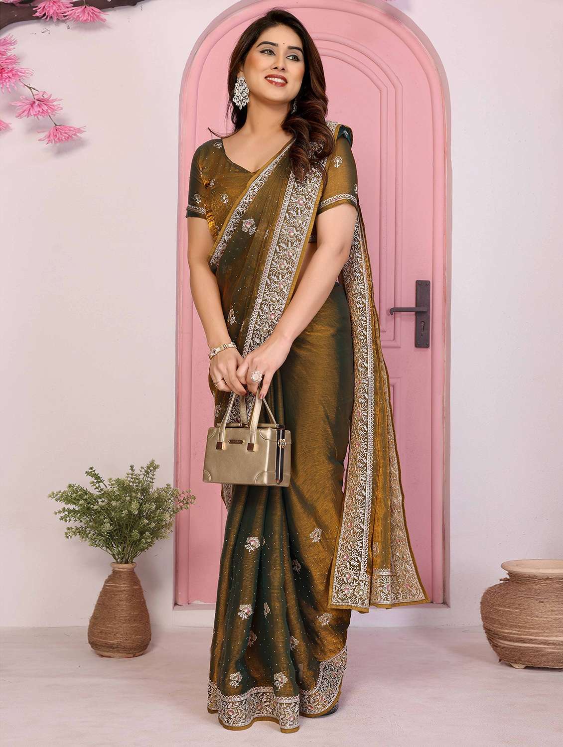 women solid with work embroidered saree with blouse - 22141075 -  Zoom Image - 0