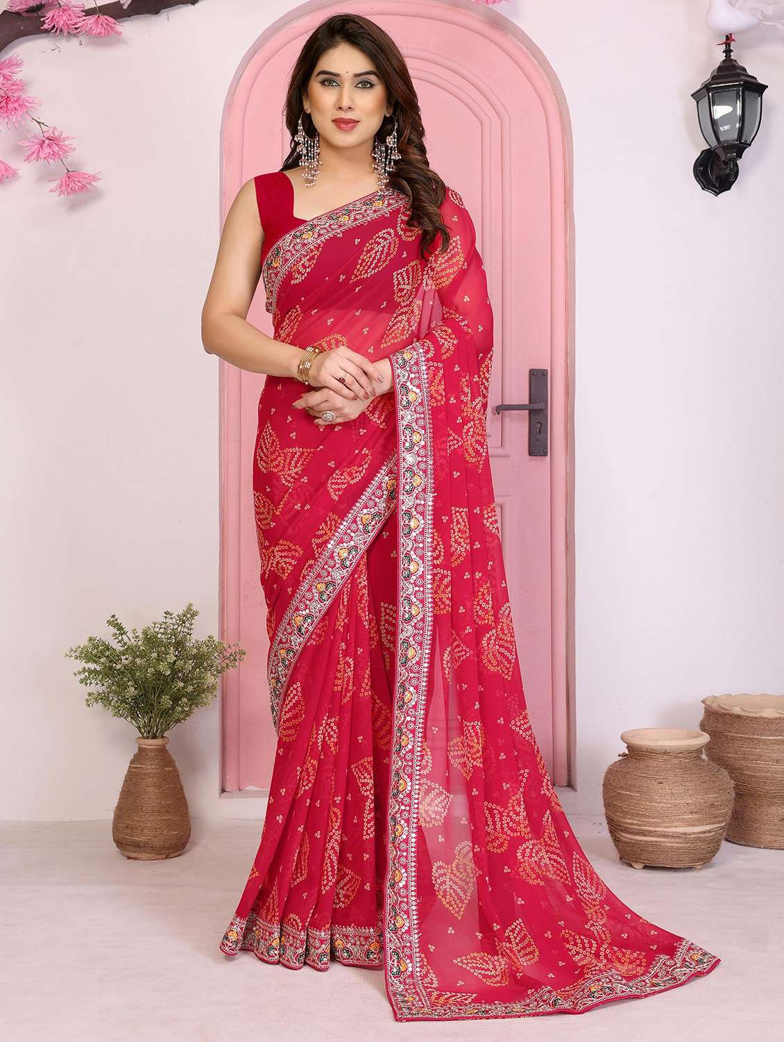 women bandhani printed saree with blouse - 22141092 -  Zoom Image - 0
