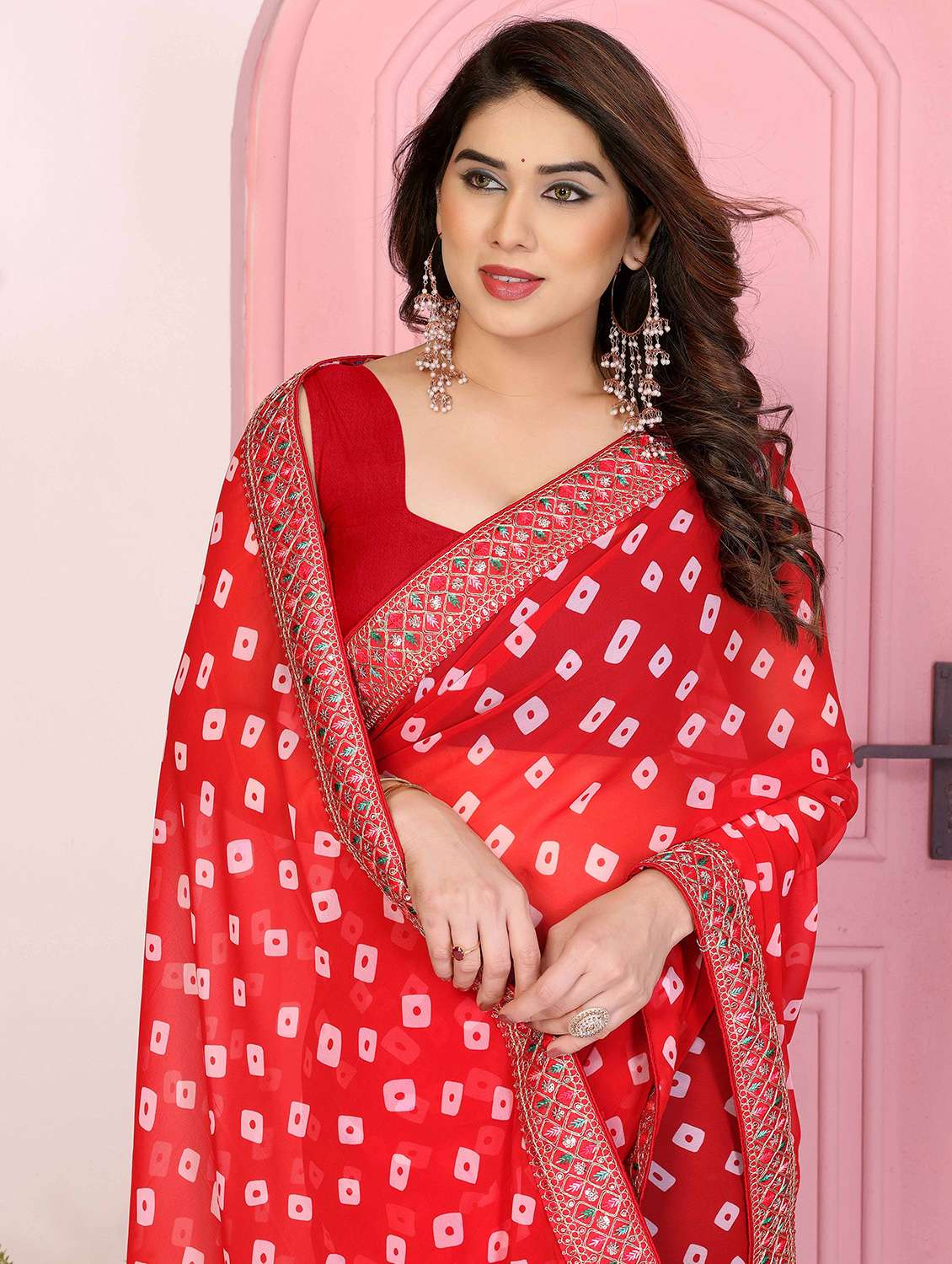 women bandhani printed saree with blouse - 22141096 -  Standard Image - 3