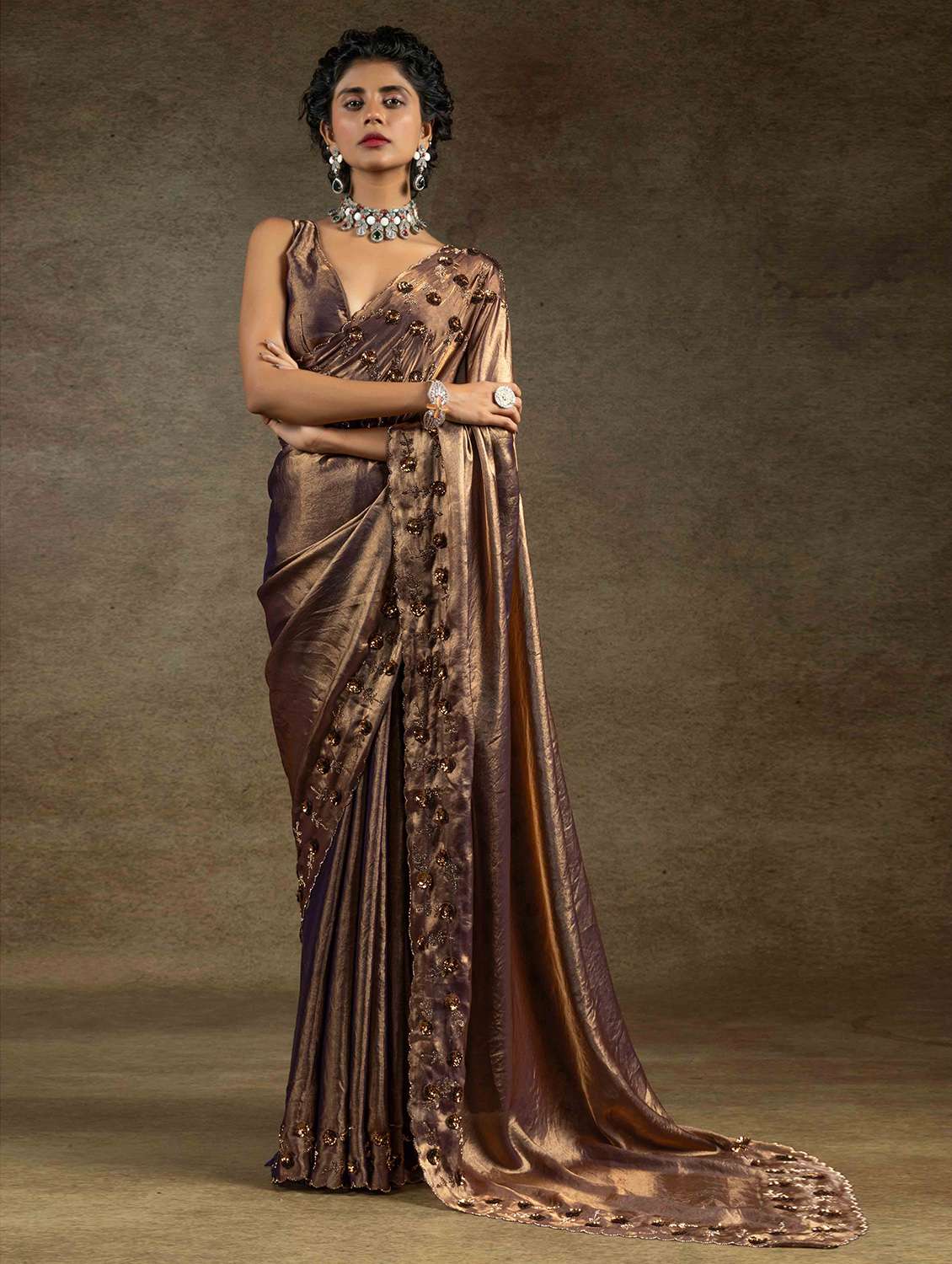 women solid with embellished bordered saree with blouse