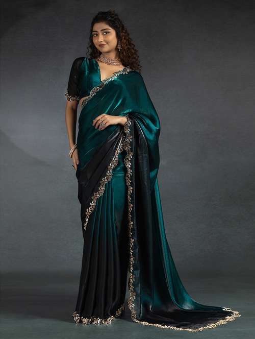 women solid with embellished bordered saree with blouse - 22141128 -  Standard Image - 0