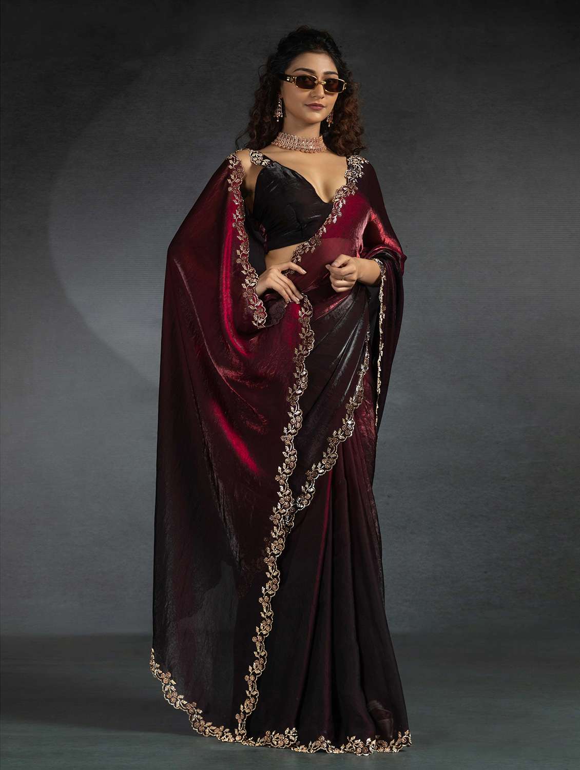 women solid with embellished bordered saree with blouse