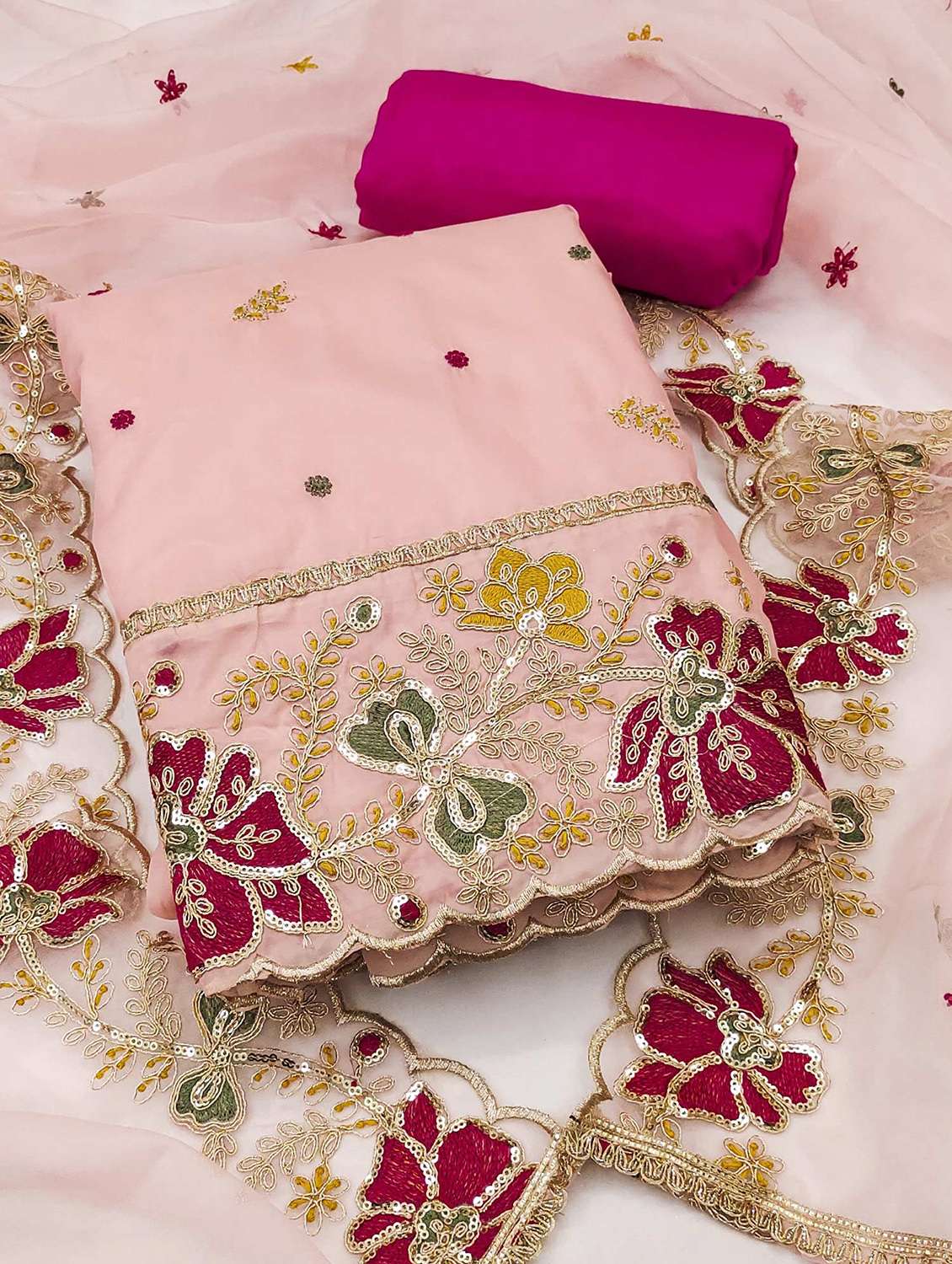 women solid with work unstitched suit set