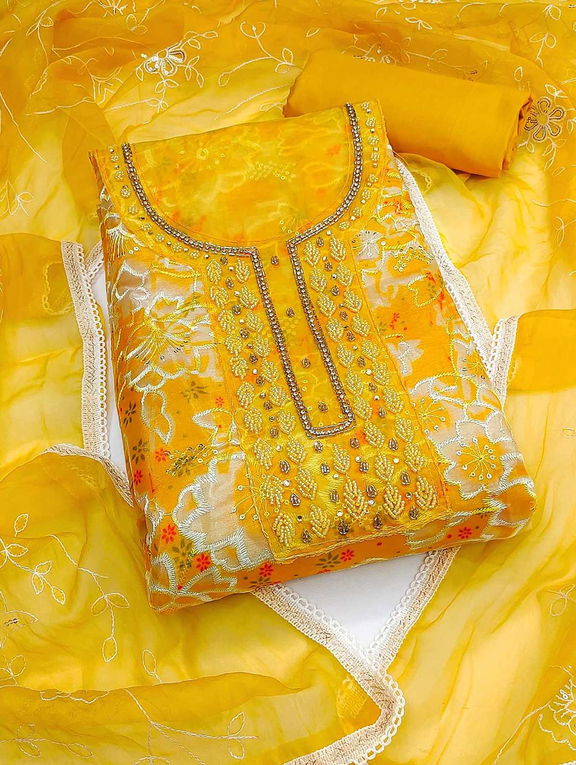 women floral printed embellished unstitched suit set