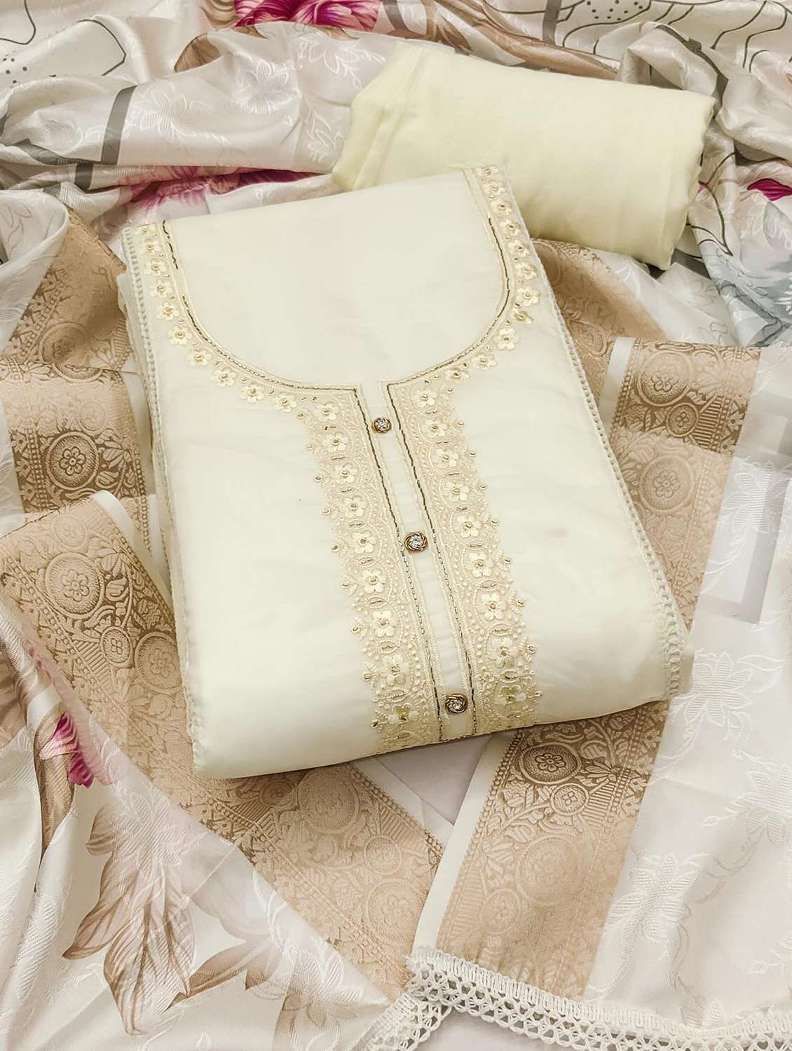 women solid with work unstitched suit set