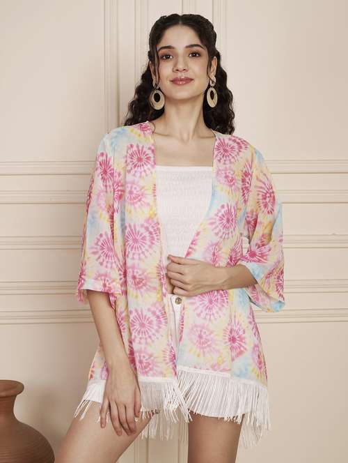 women printed bell sleeve fringed hem shrug - 22141305 -  Standard Image - 0