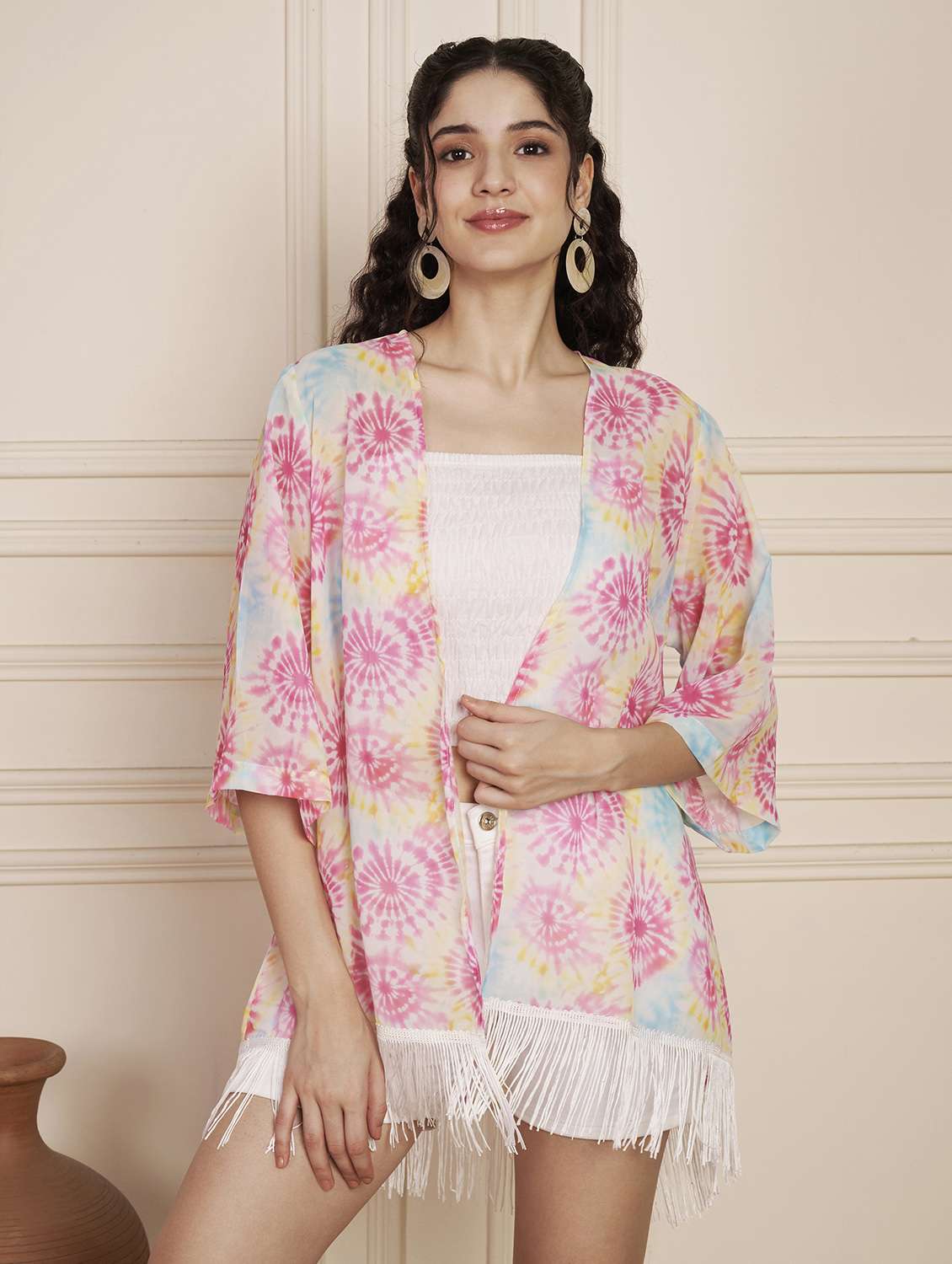 women printed bell sleeve fringed hem shrug - 22141305 -  Zoom Image - 0