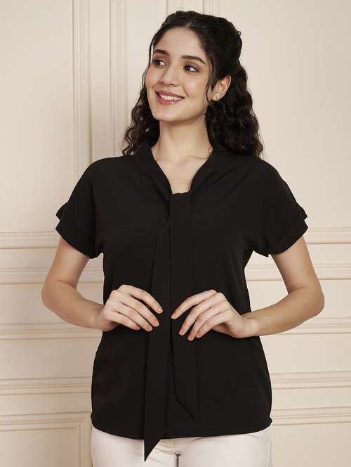 women black solid puff sleeve regular top - 22141307 -  Standard Image - 0
