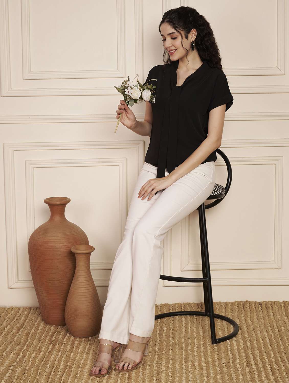 women black solid puff sleeve regular top - 22141307 -  Standard Image - 3