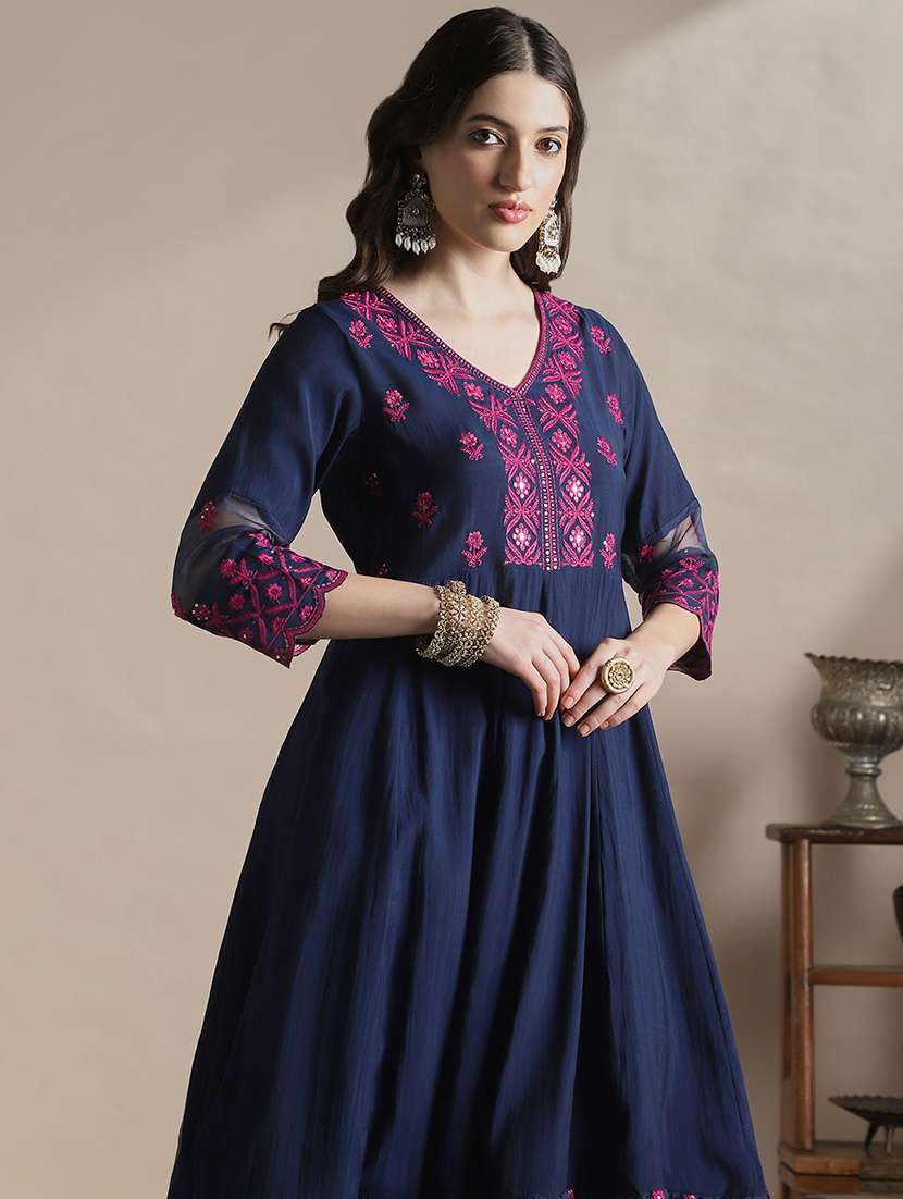globus women navy blue sequin embroidered v-neck flared hem a-line kurta with pants festive set - 22141343 -  Standard Image - 3