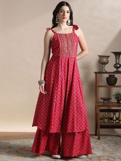 globus women coin detail tie-up shoulder straps embroidered yoke foil print front slit a-line kurta & palazzos - 22141344 -  Standard Image - 0