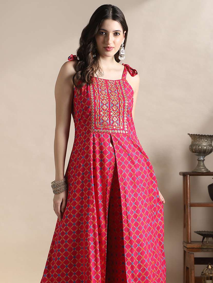 globus women coin detail tie-up shoulder straps embroidered yoke foil print front slit a-line kurta & palazzos - 22141344 -  Standard Image - 3