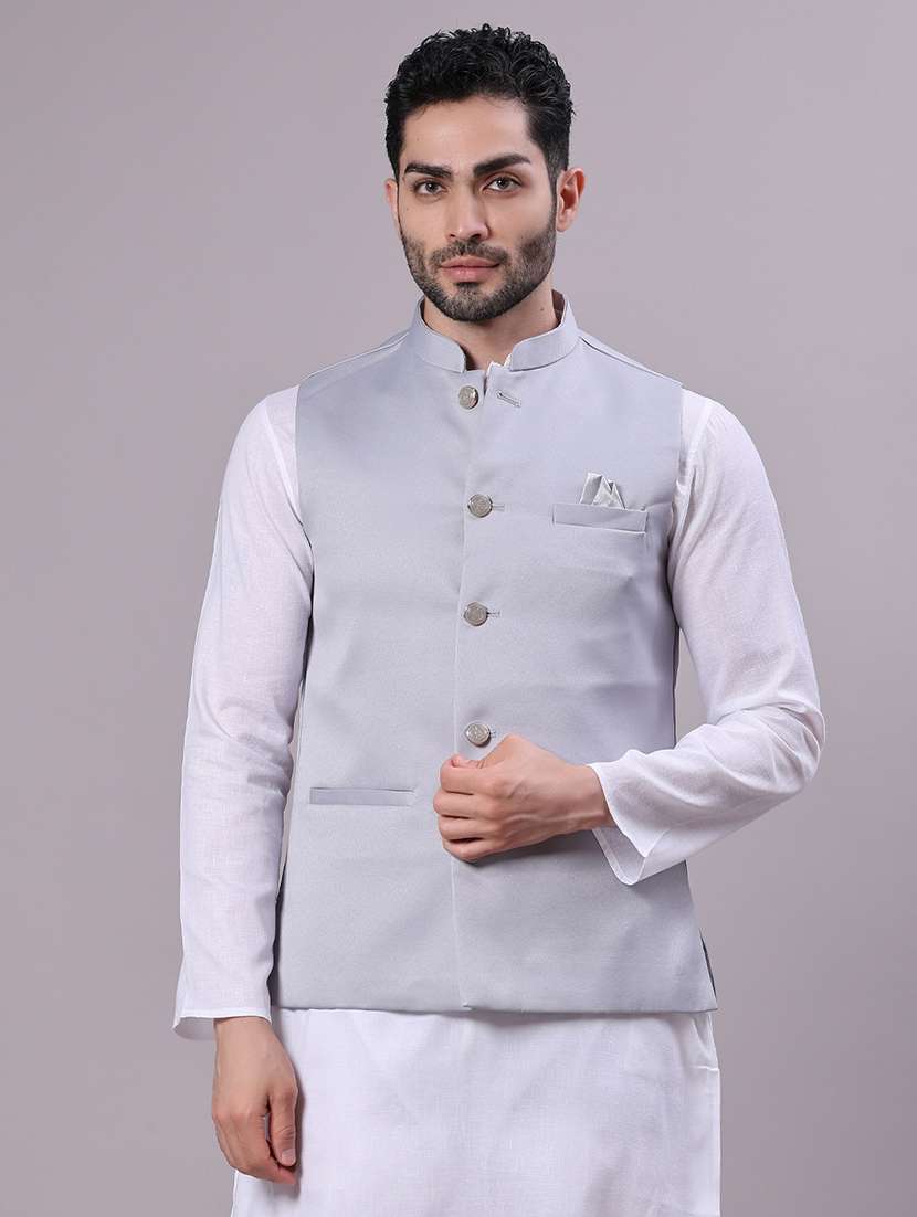 men solid mandarin neck regular fit nehru jacket - 22141350 -  Zoom Image - 0