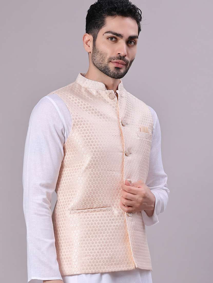 men self design mandarin neck regular fit nehru jacket