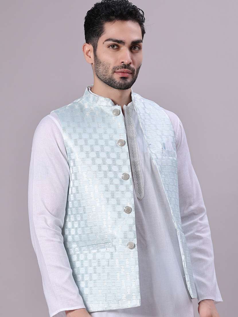 men self design mandarin neck regular fit nehru jacket