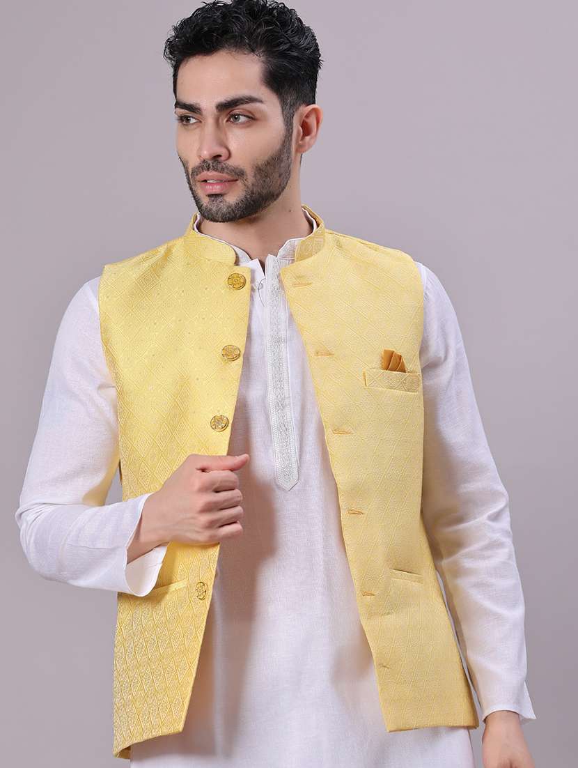 men self design mandarin neck regular fit nehru jacket