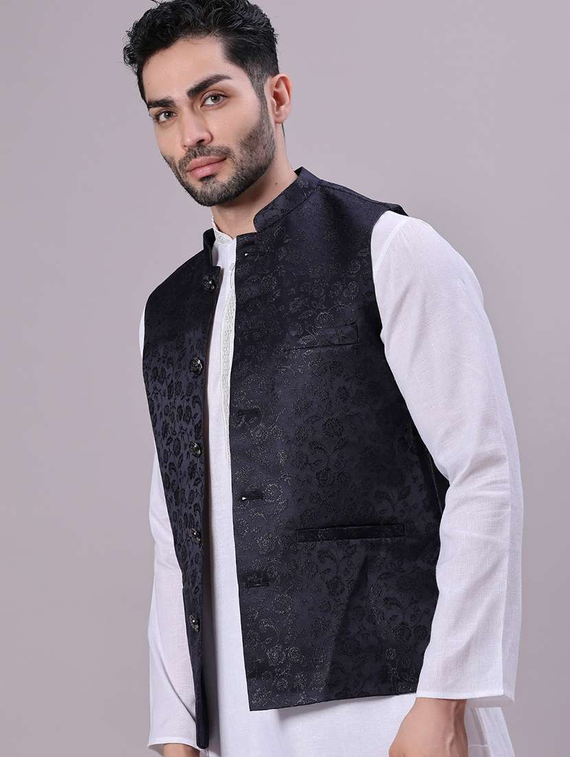 men self design mandarin neck regular fit nehru jacket