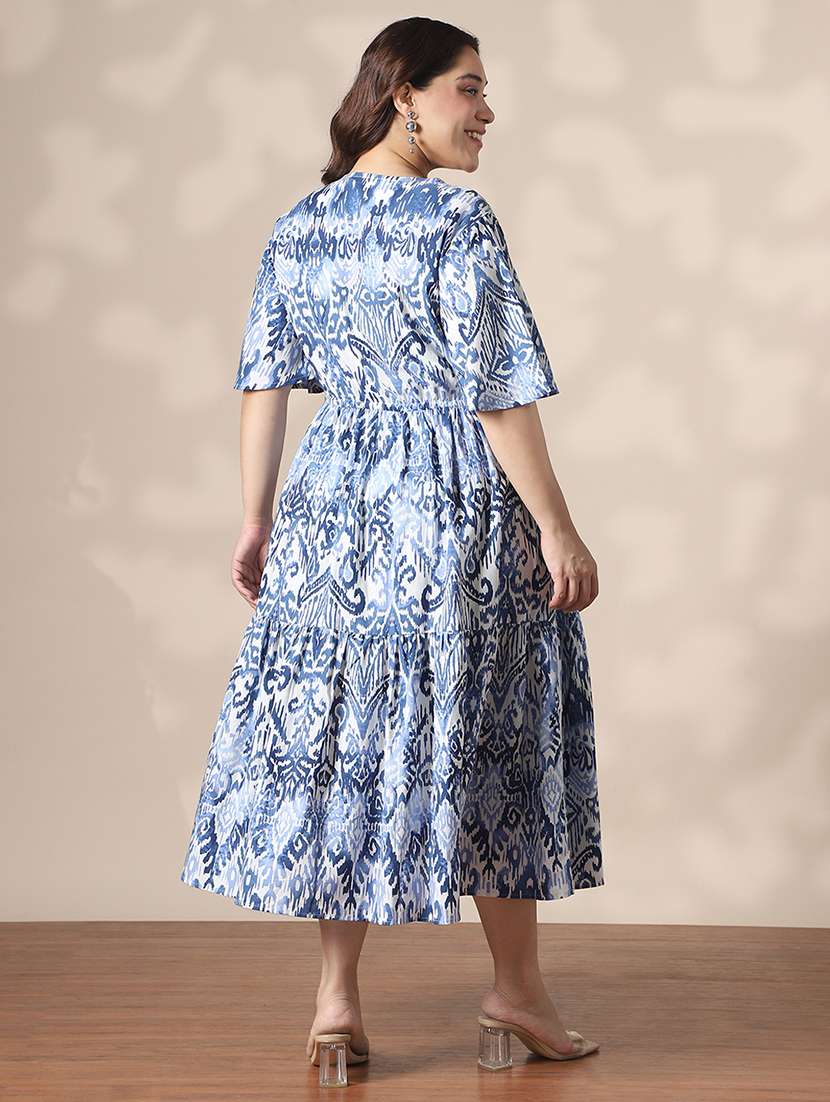 globus gloplus women blue ethnic motif v-neck flared sleeves waist tie-ups fit & flare tiered plus size midi dress - 22141358 -  Standard Image - 3