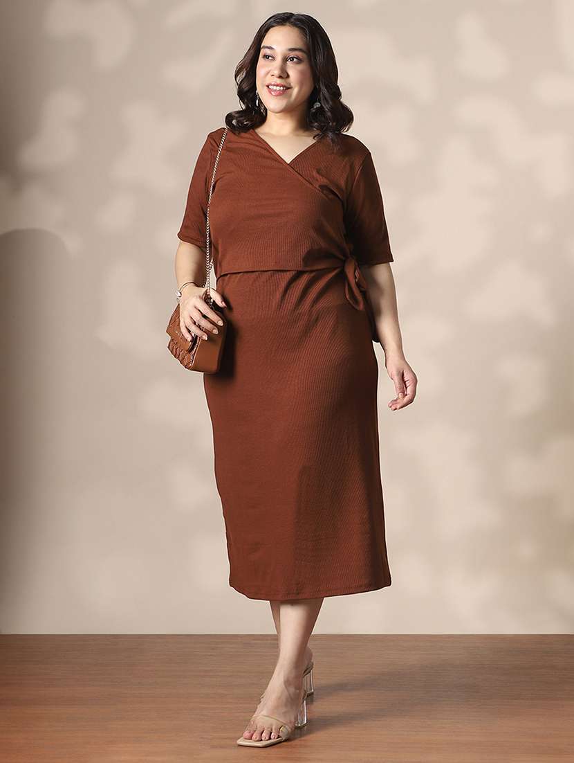 globus gloplus women brown wrap v-neck waist tie-ups ribbed plus size midi sheath dress