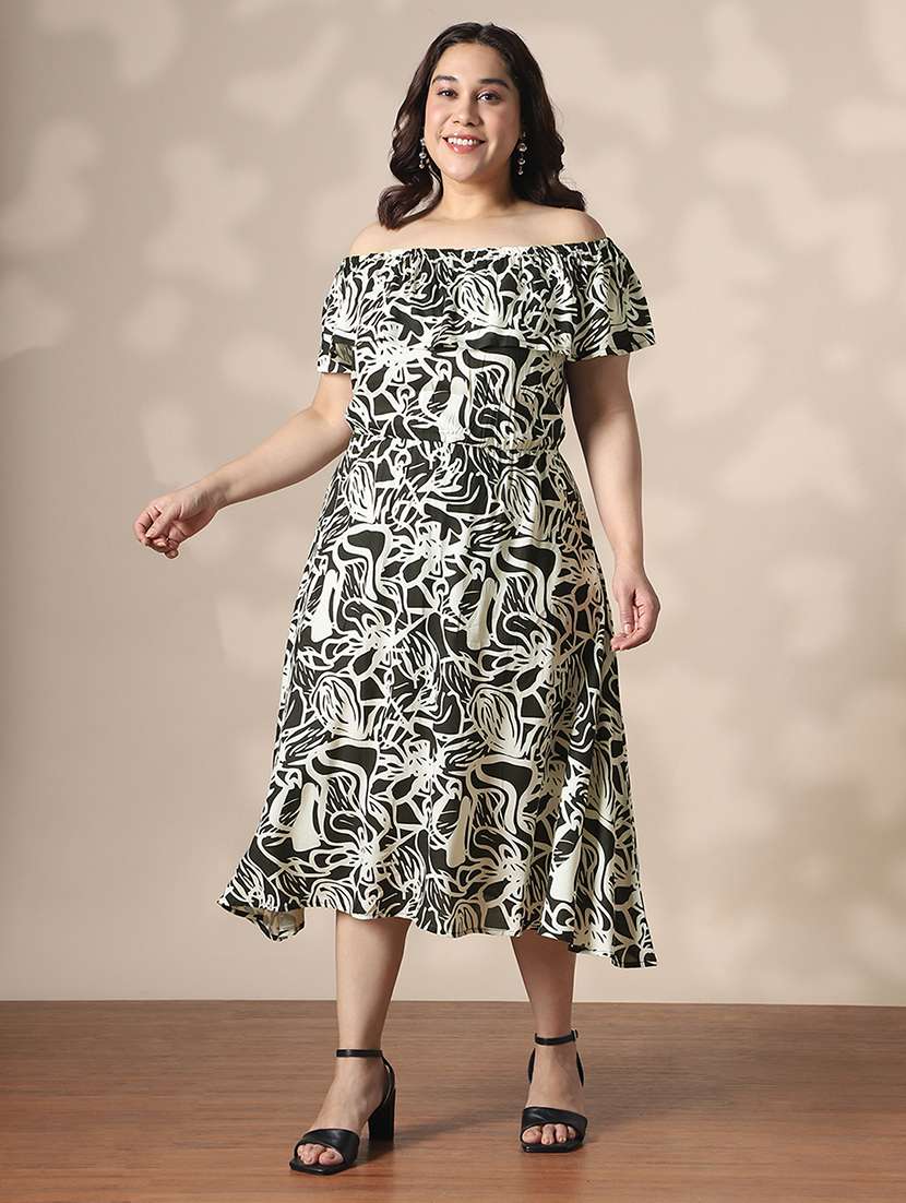 globus gloplus women black & white abstract print off-shoulder fit & flare plus size midi dress