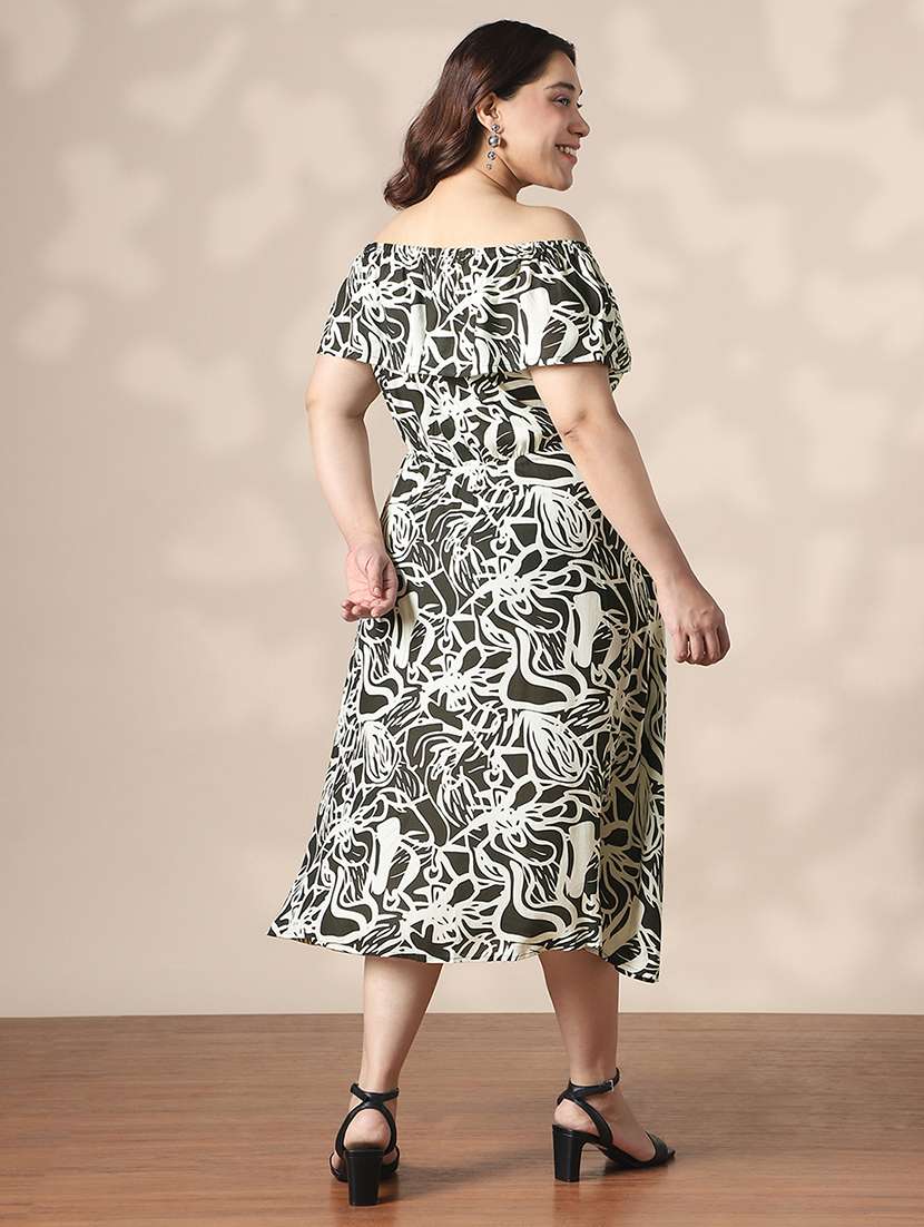 globus gloplus women black & white abstract print off-shoulder fit & flare plus size midi dress - 22141363 -  Standard Image - 3