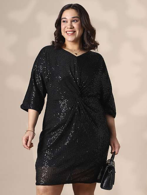 globus gloplus women black v-neck extended sleeves twisted detail sequinned mini sheath plus size party dress - 22141365 -  Standard Image - 0