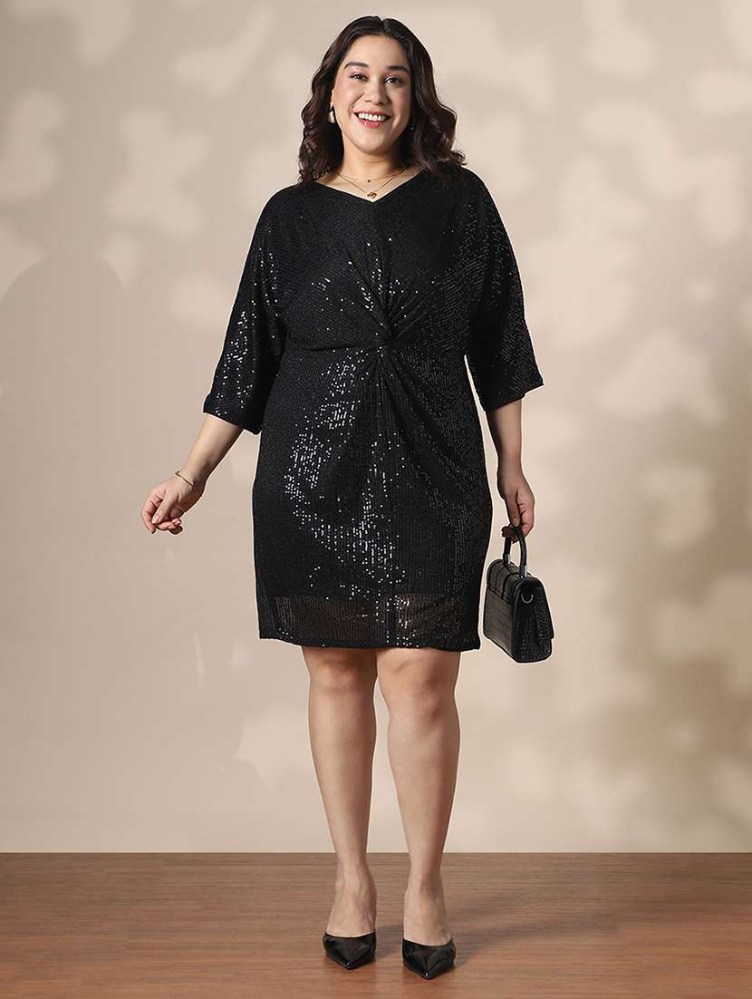 globus gloplus women black v-neck extended sleeves twisted detail sequinned mini sheath plus size party dress - 22141365 -  Standard Image - 3