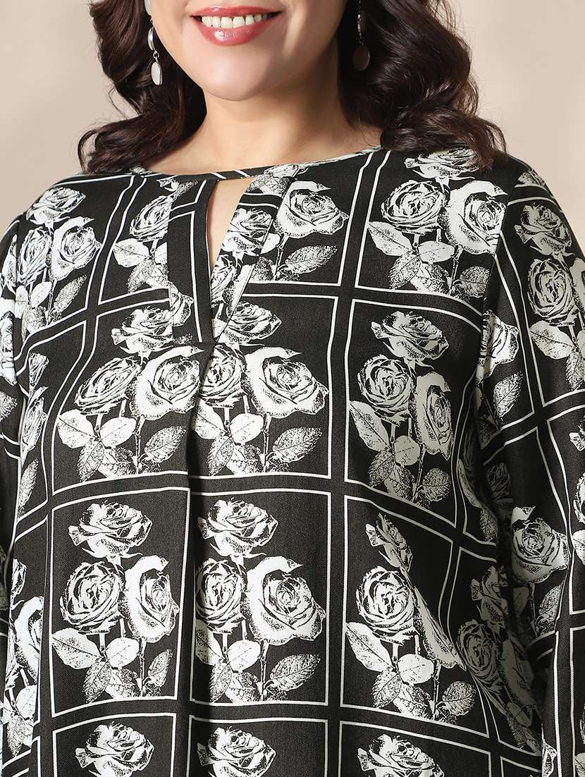 globus gloplus women black keyhole neck bishop sleeves floral print plus size top - 22141371 -  Standard Image - 3