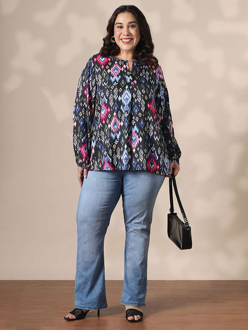 globus gloplus women multicolor keyhole neck bishop sleeves self design ikat print plus size top - 22141372 -  Standard Image - 3