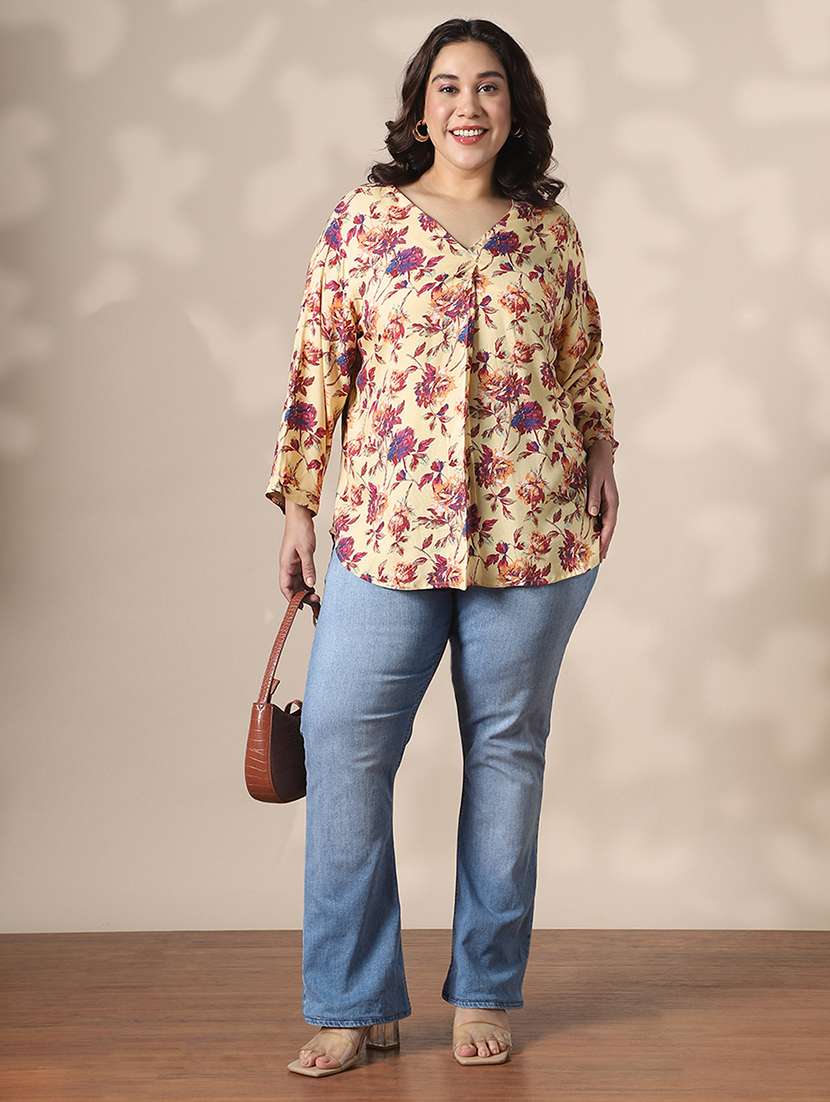globus gloplus women cream v-neck floral print curved hem plus size top - 22141374 -  Standard Image - 3