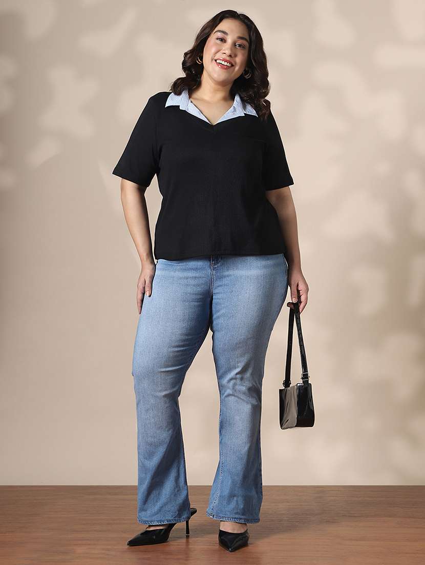 globus gloplus black collared neck ribbed plus size top - 22141377 -  Standard Image - 3