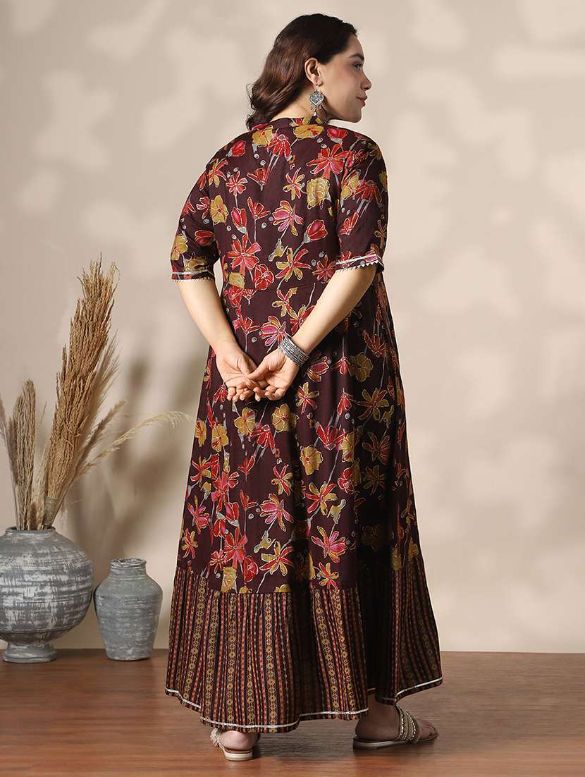globus gloplus women wine mandarin collar floral foil print gotta patti tie-up detail maxi a-line dress - 22141385 -  Standard Image - 3