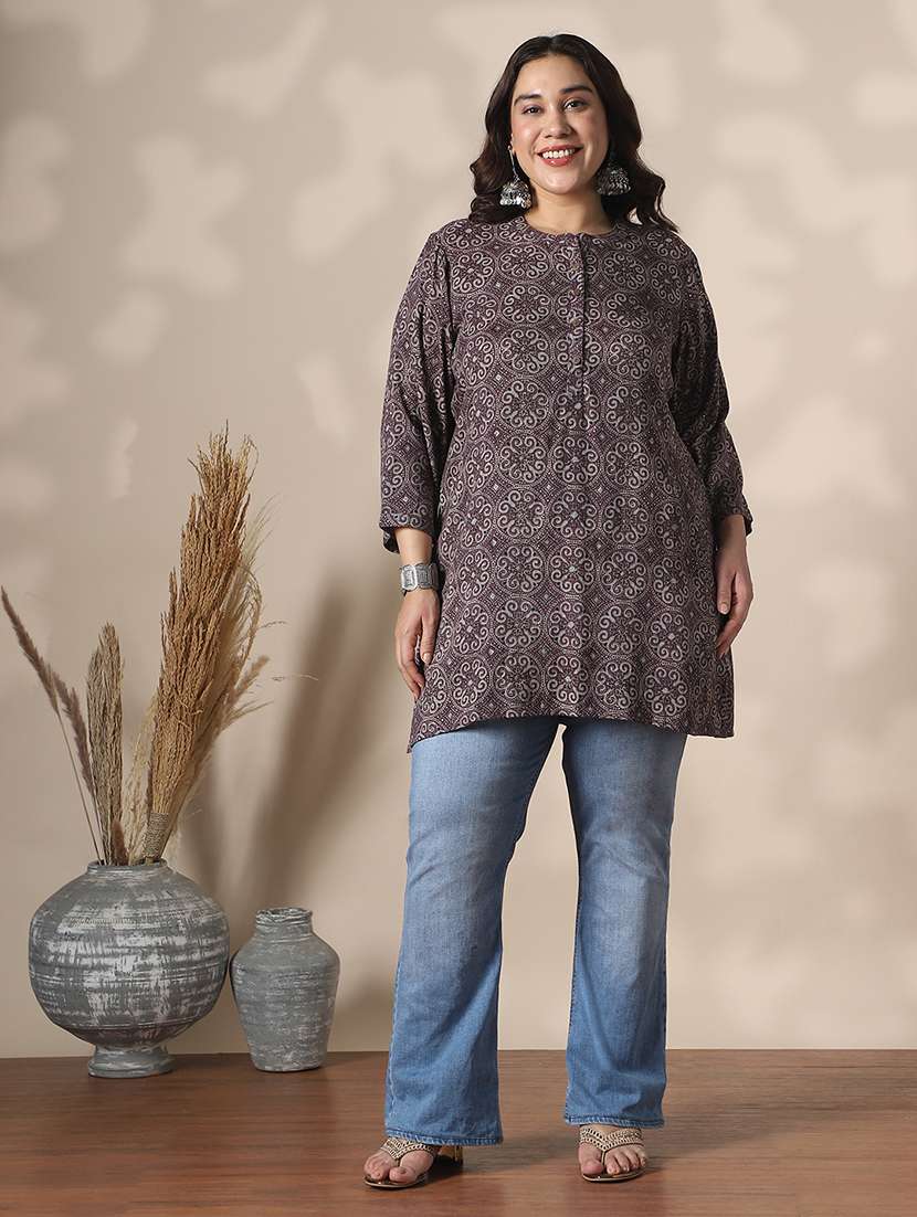 globus gloplus women brown mandarin collar ethnic print button detail plus size tunic - 22141388 -  Standard Image - 3
