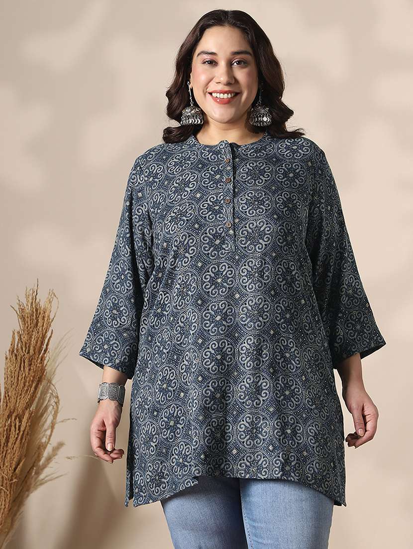 globus gloplus women blue mandarin collar ethnic print button detail plus size tunic