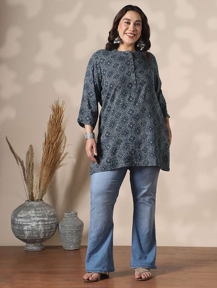 globus gloplus women blue mandarin collar ethnic print button detail plus size tunic - 22141389 -  Standard Image - 3