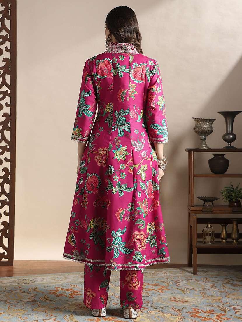 globus women pink zari embroidered v-neck floral print pannelled anarkali kurta with pants festive set - 22141392 -  Standard Image - 3