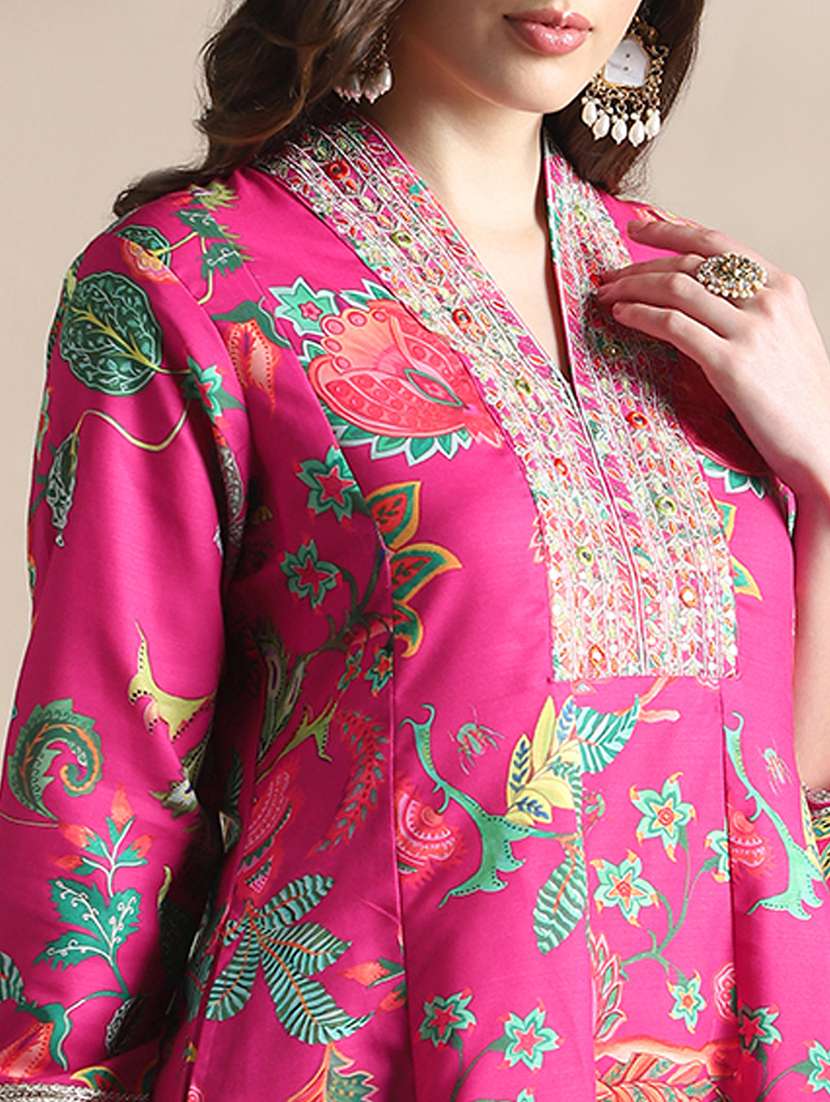 globus women pink zari embroidered v-neck floral print pannelled anarkali kurta with pants festive set - 22141392 -  Standard Image - 5
