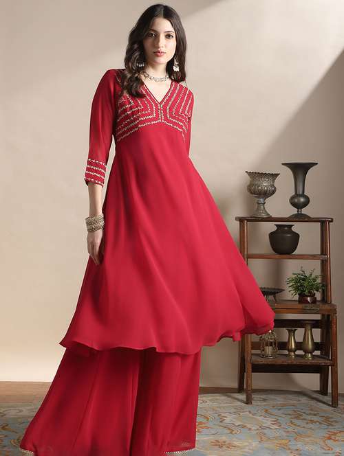 globus women red v-neck floral zari embroiderd yoke georgette a-line kurta with sharara festive set - 22141393 -  Standard Image - 0