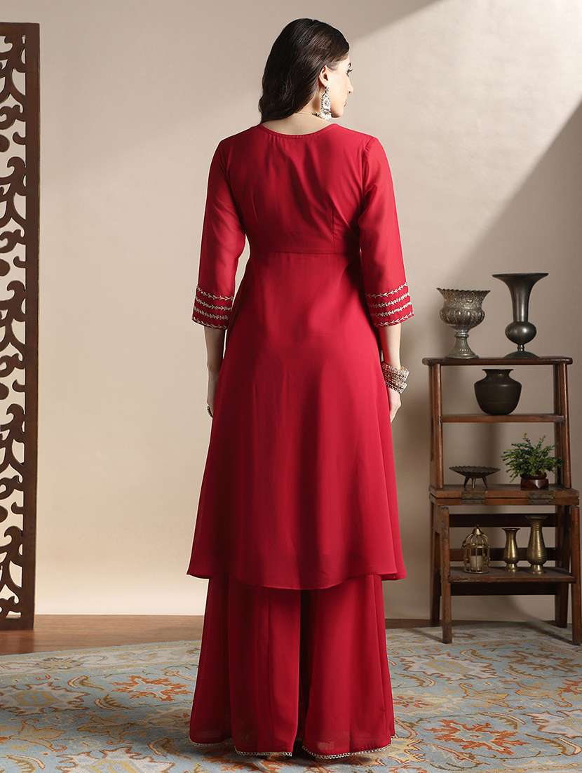 globus women red v-neck floral zari embroiderd yoke georgette a-line kurta with sharara festive set - 22141393 -  Standard Image - 3