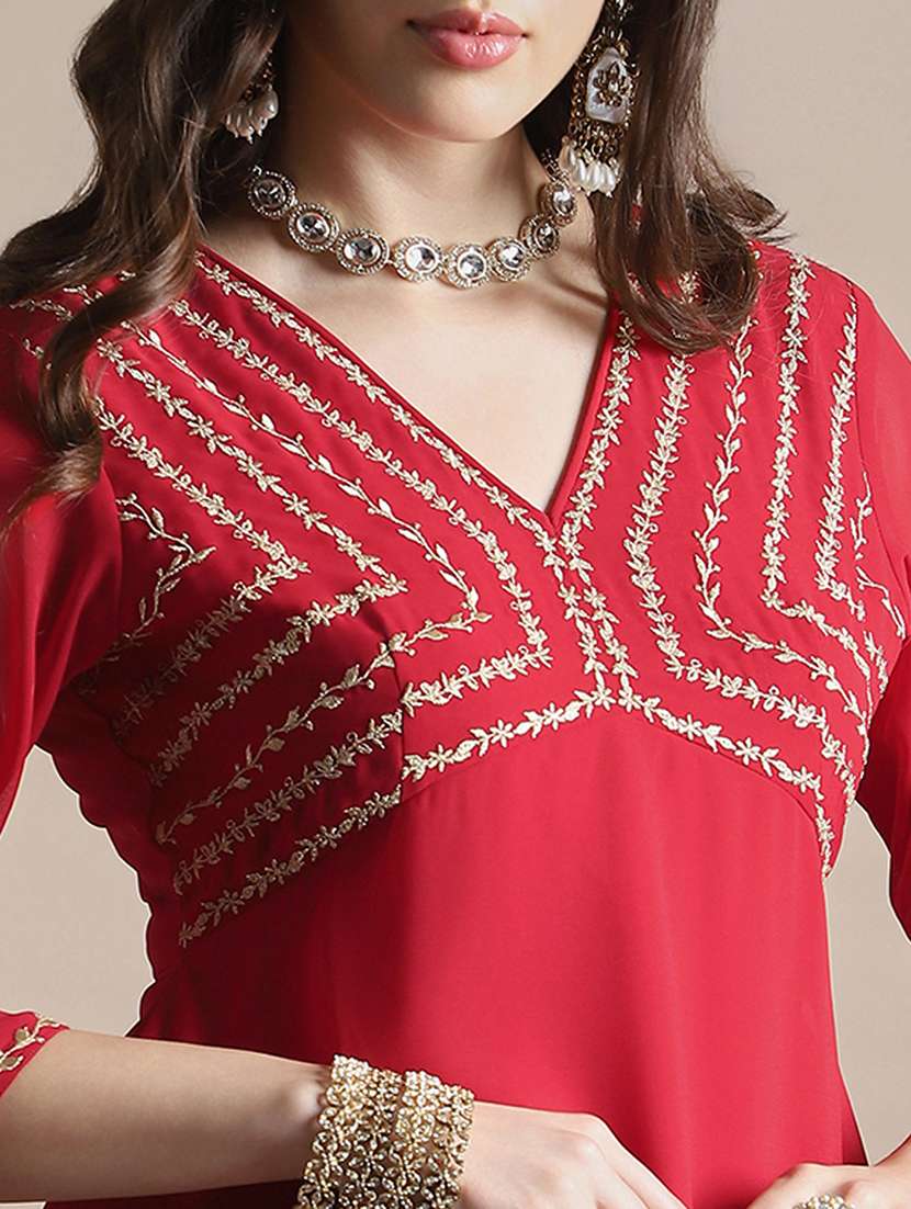 globus women red v-neck floral zari embroiderd yoke georgette a-line kurta with sharara festive set - 22141393 -  Standard Image - 5