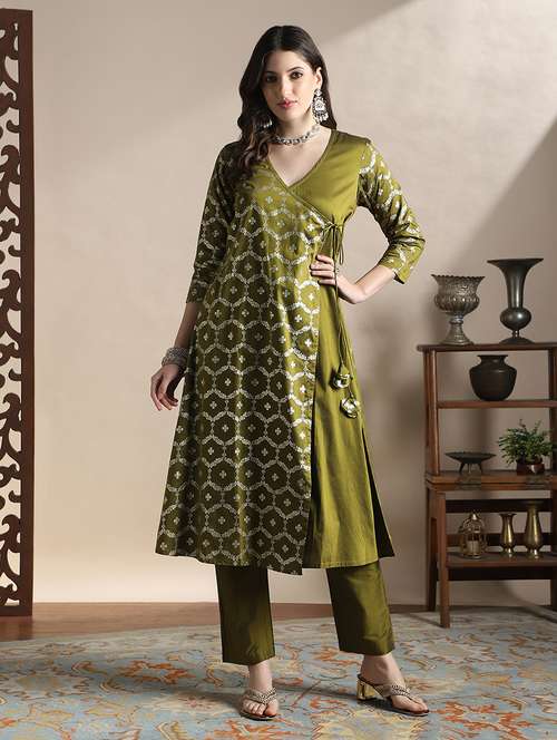 globus women olive v-neck floral foil print angrakha a-line kurta with pants festive set - 22141394 -  Standard Image - 0