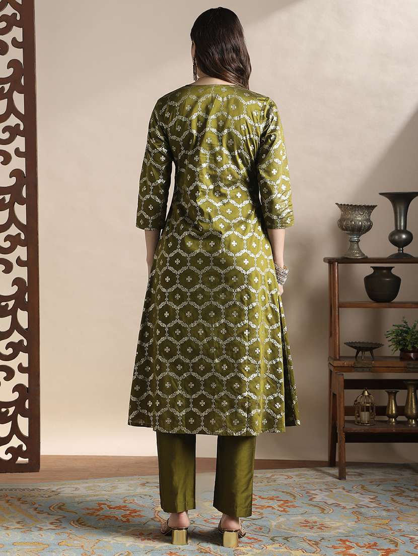 globus women olive v-neck floral foil print angrakha a-line kurta with pants festive set - 22141394 -  Standard Image - 3