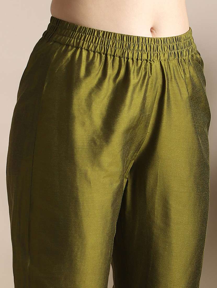 globus women olive v-neck floral foil print angrakha a-line kurta with pants festive set - 22141394 -  Standard Image - 5