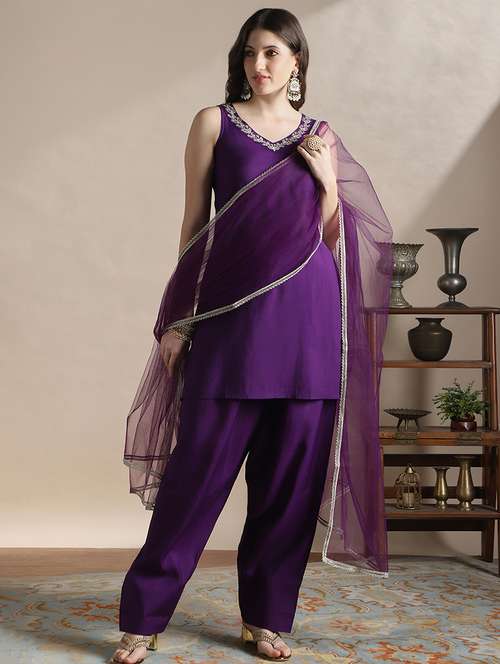 globus women purple zari embroidered v-neck sleeveless a-line kurti with wide leg pants & tapping dupatta festive set - 22141396 -  Standard Image - 0