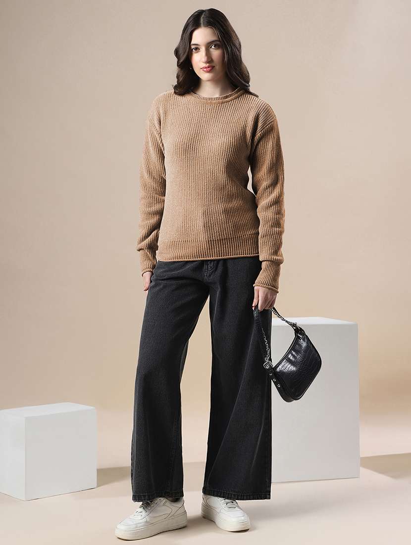 globs women brown self design round neck drop shoulder long sleeves acrylic knitted pullover sweater  - 22141400 -  Standard Image - 3