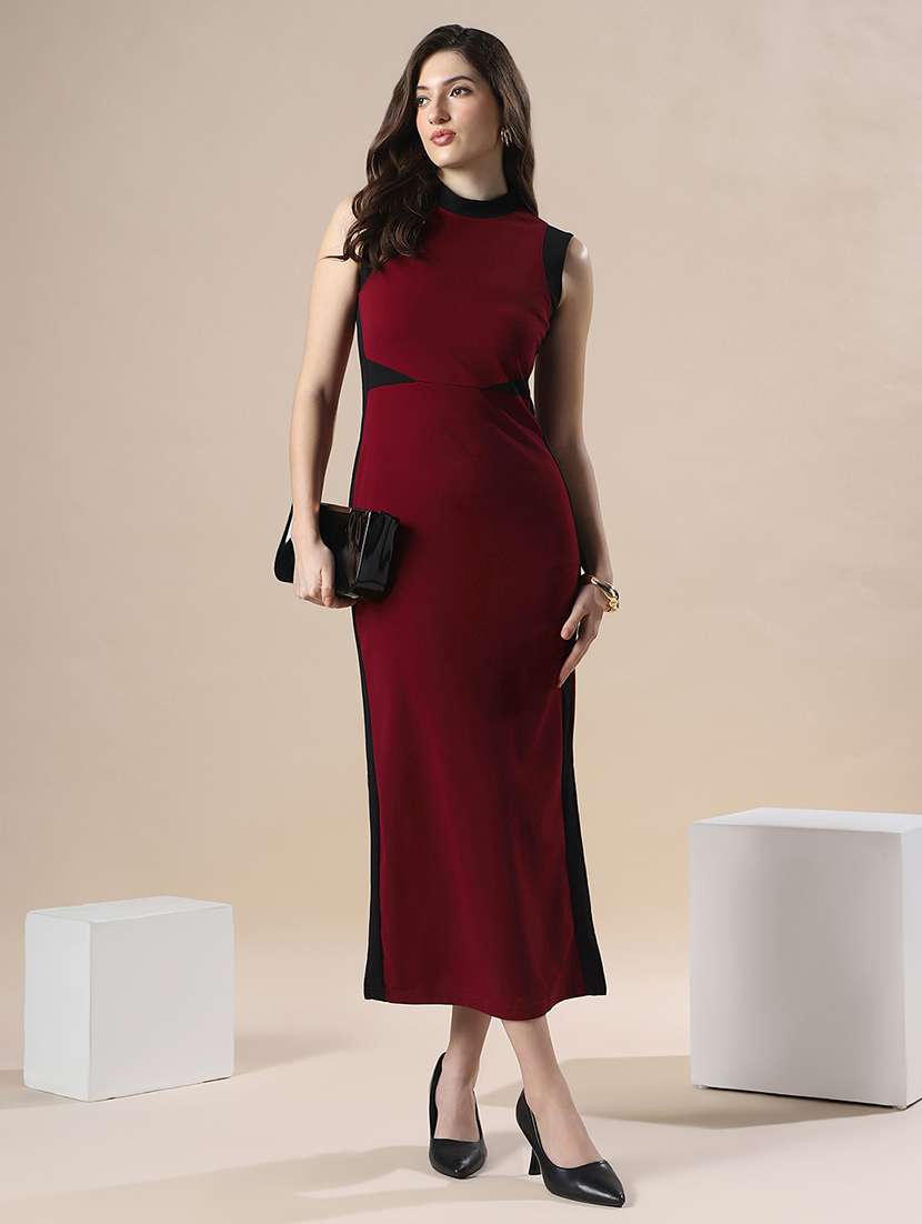 globus women maroon colorblock high neck sleeveless formal maxi bodycon dress - 22141401 -  Zoom Image - 0