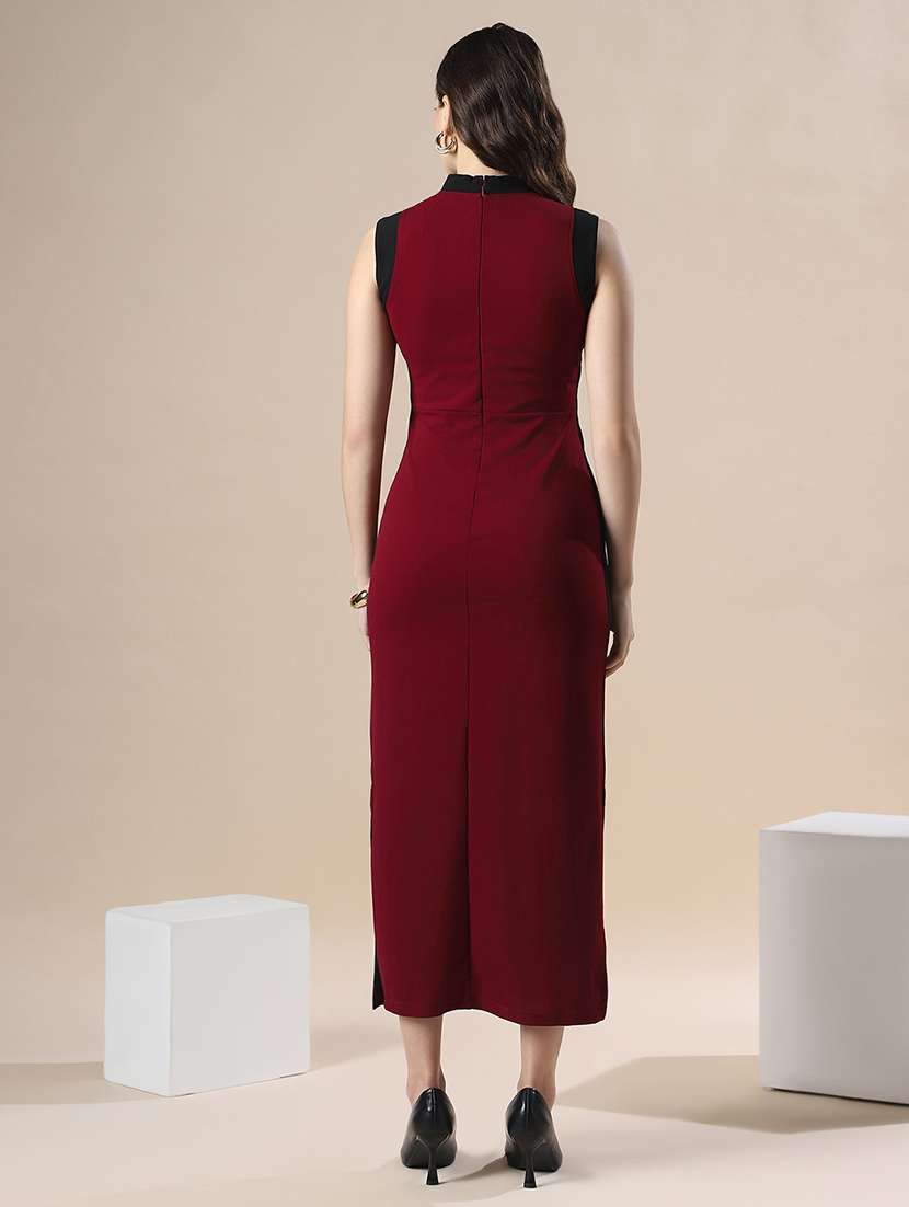 globus women maroon colorblock high neck sleeveless formal maxi bodycon dress - 22141401 -  Standard Image - 3