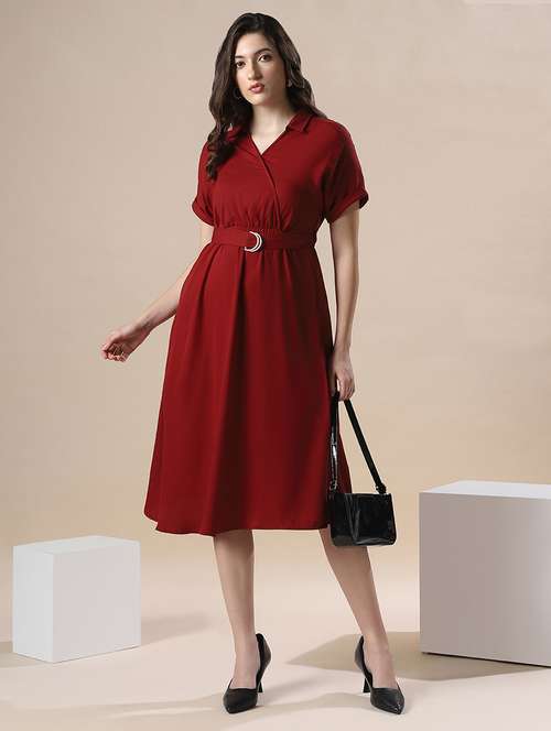 globus women maroon v-neck extended sleeve belted detail fit & flare work wear midi dress - 22141407 -  Standard Image - 0