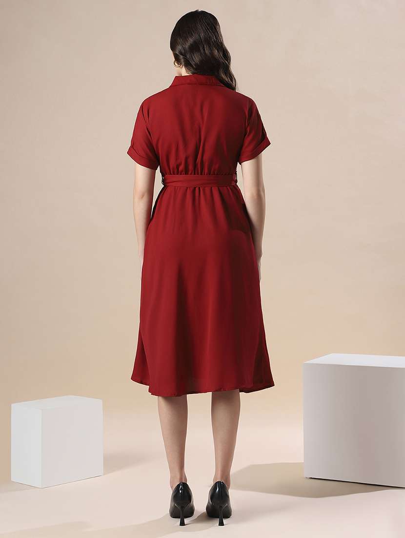 globus women maroon v-neck extended sleeve belted detail fit & flare work wear midi dress - 22141407 -  Standard Image - 3