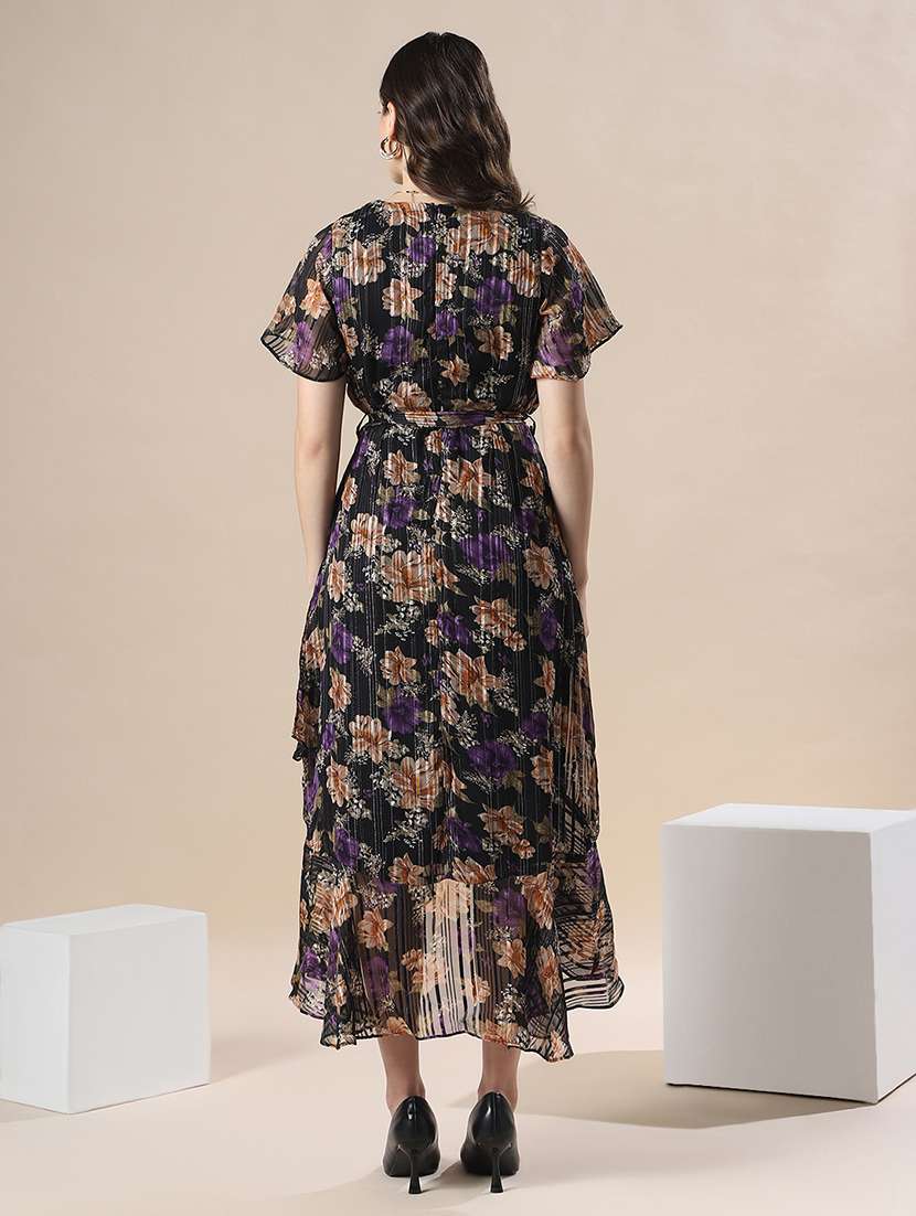 globus women black floral print wrap v-neck flare short sleeve waist belted tie-ups fit & flare asymmetric hem midi dress - 22141409 -  Standard Image - 3